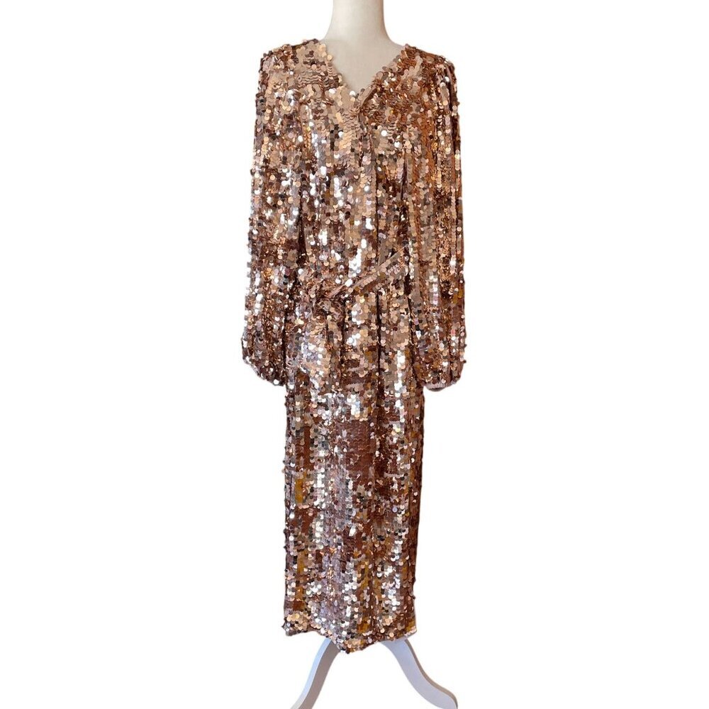 NWT ASOS Edition Womens Gold Sequin Midi Dress Wrap Style With Tie Waist SZ 6
